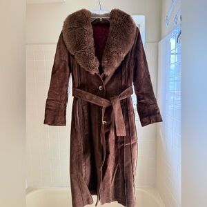 Brown Suede Faux Fur Collar Coat